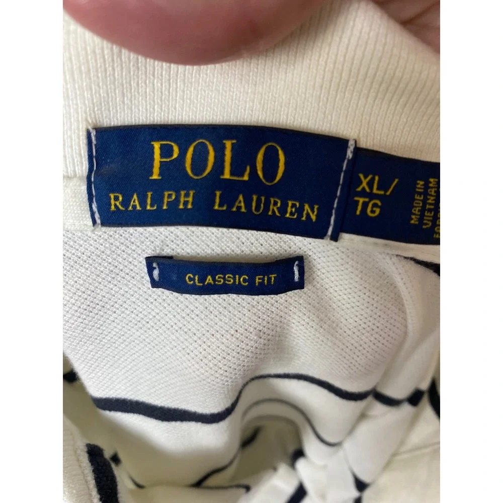 Polo Ralph Lauren Mens XL Classic Fit Striped Pique Polo Shirt White Navy Blue